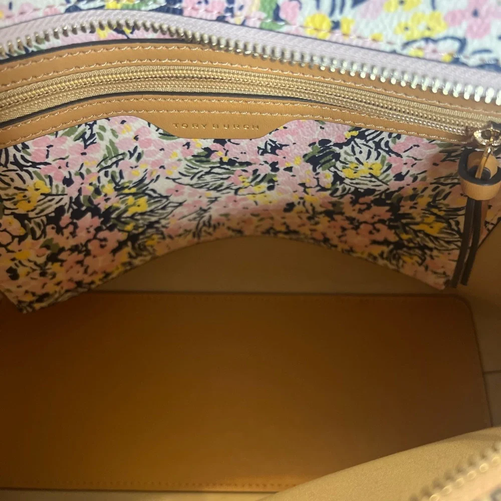Tory Burch Pink Floral Tote with Tan Leather Trim